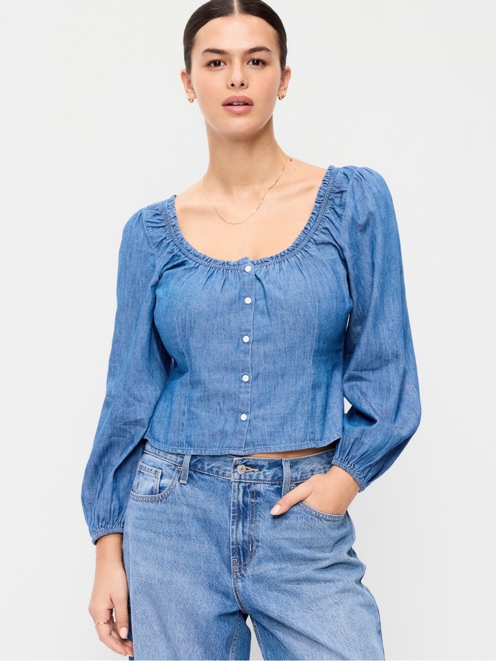 Old Navy Light Blue Denim Scoop-Neck Button Top